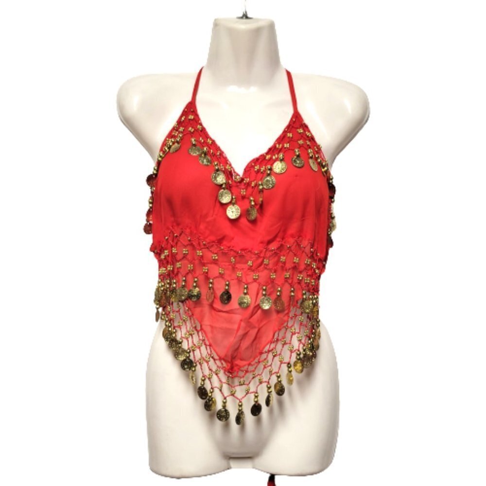 Red Belly Dancing Top Crocheted with Gold Beads Coins Halter Crop Top - NEW ! - Picture 1 of 6
